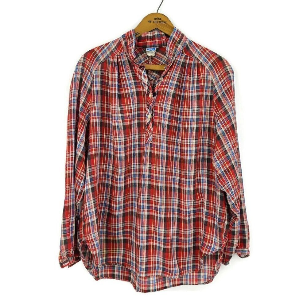 Vintage Levi's Plaid Blouse Womens Large Pullover Red White Blue Plaid